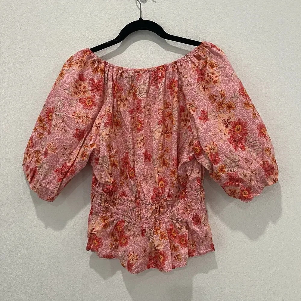 LOFT Pink Tropical Floral Puff-Sleeve V-Neck Peplum Top Women's Large